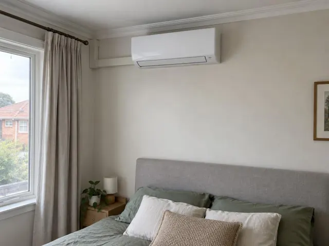 Split system indoor unit mounted high above a bed in a bedroom with window and curtains in Edwardstown
